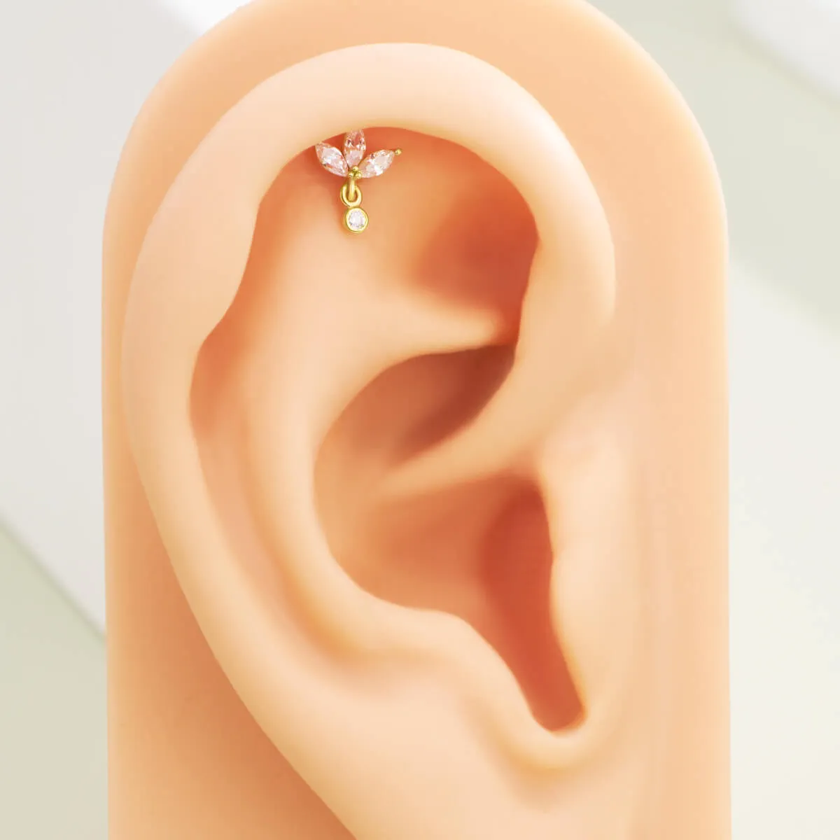 14K Solid Gold Lotus Clear CZ Top Helix Earring Nose Stud