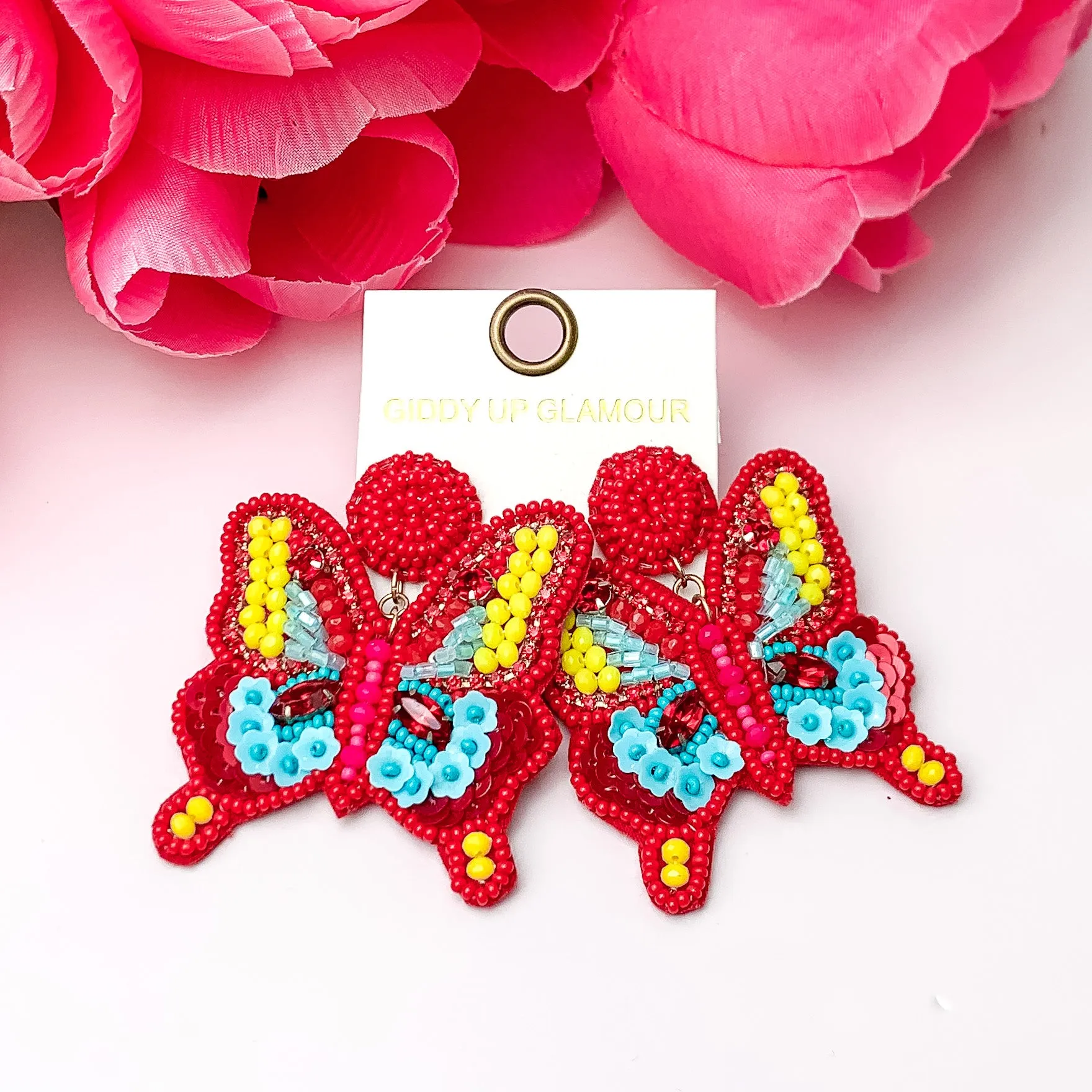 Beaded Summertime Butterfly Earrings in Red, Yellow, and Blue