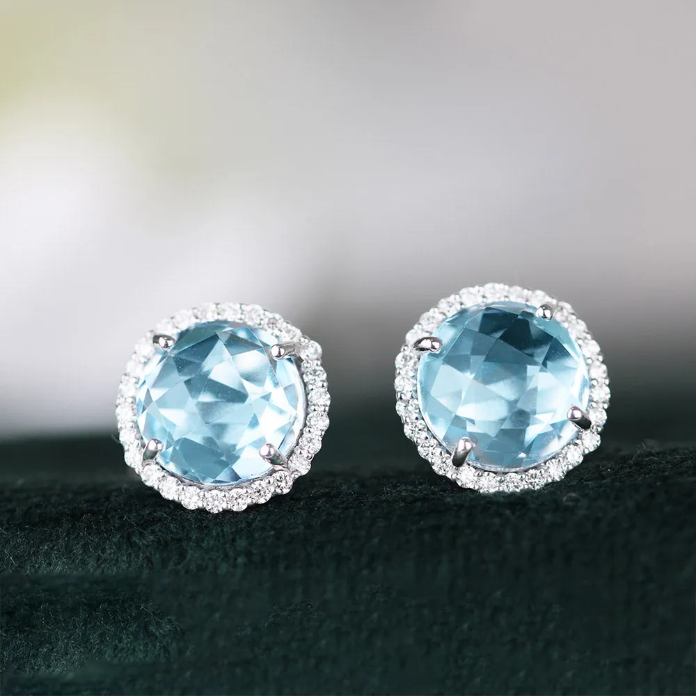 Blue Topaz & Diamond Halo Earrings
