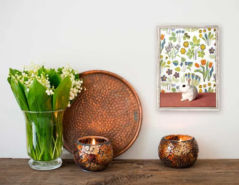 Bunny On Floral Pattern Mini Framed Canvas