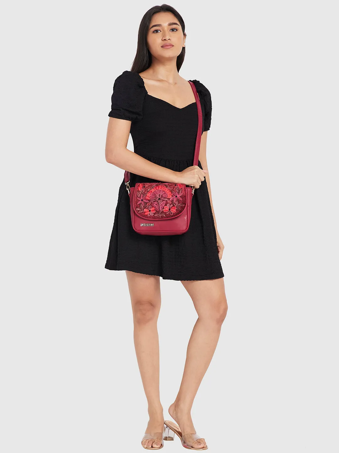 Caprese Tresna Embroidery Large Sling  Handbag Maroon