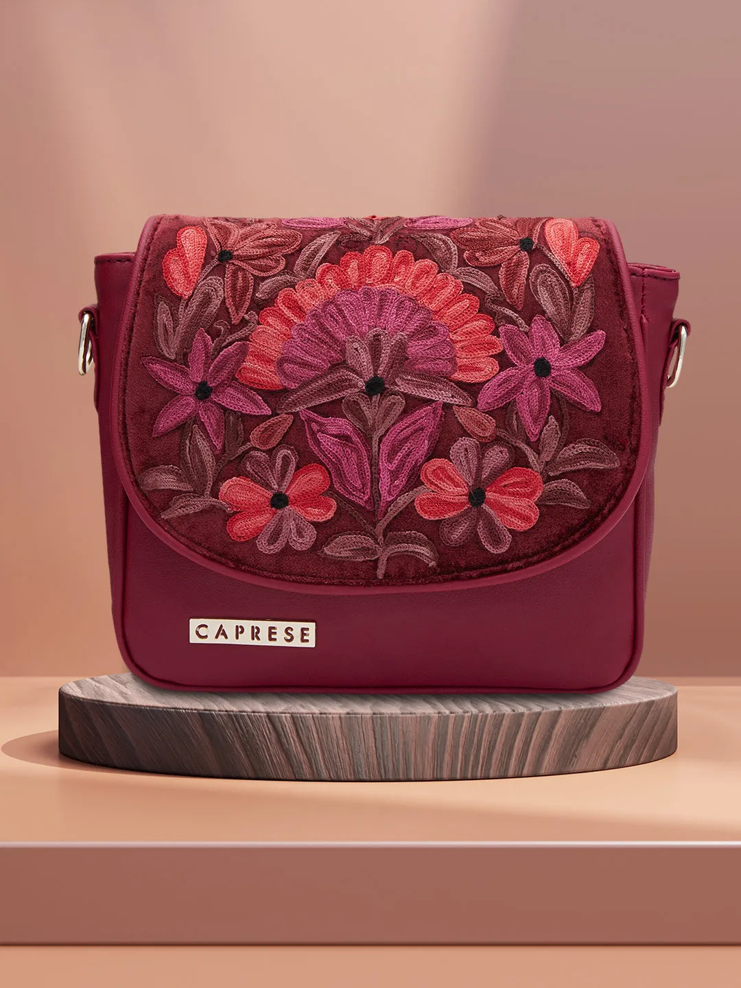 Caprese Tresna Embroidery Large Sling  Handbag Maroon