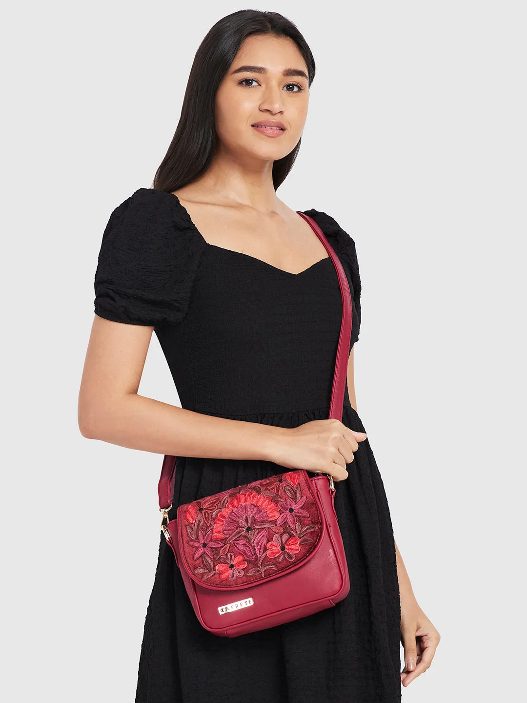 Caprese Tresna Embroidery Large Sling  Handbag Maroon