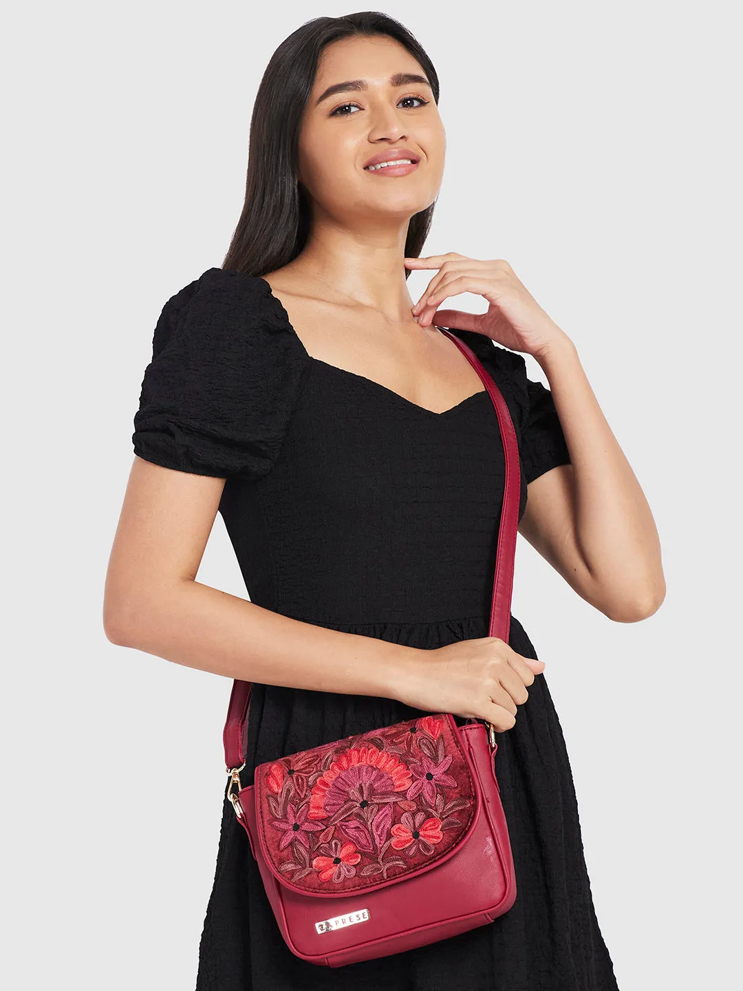 Caprese Tresna Embroidery Large Sling  Handbag Maroon