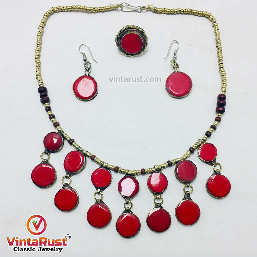 Coral Stone Beaded Choker with Ring and Earrings