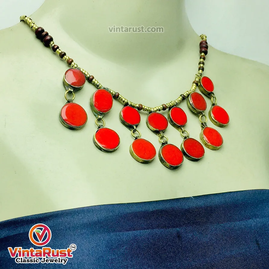 Coral Stone Beaded Choker with Ring and Earrings