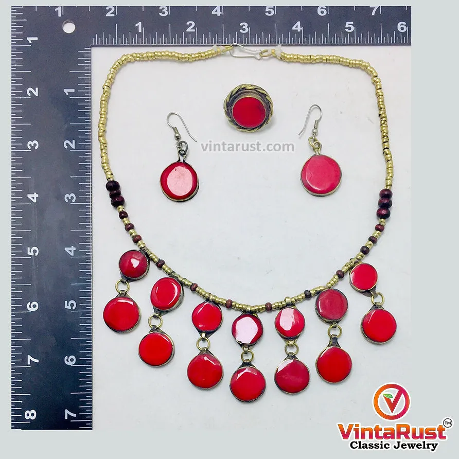 Coral Stone Beaded Choker with Ring and Earrings