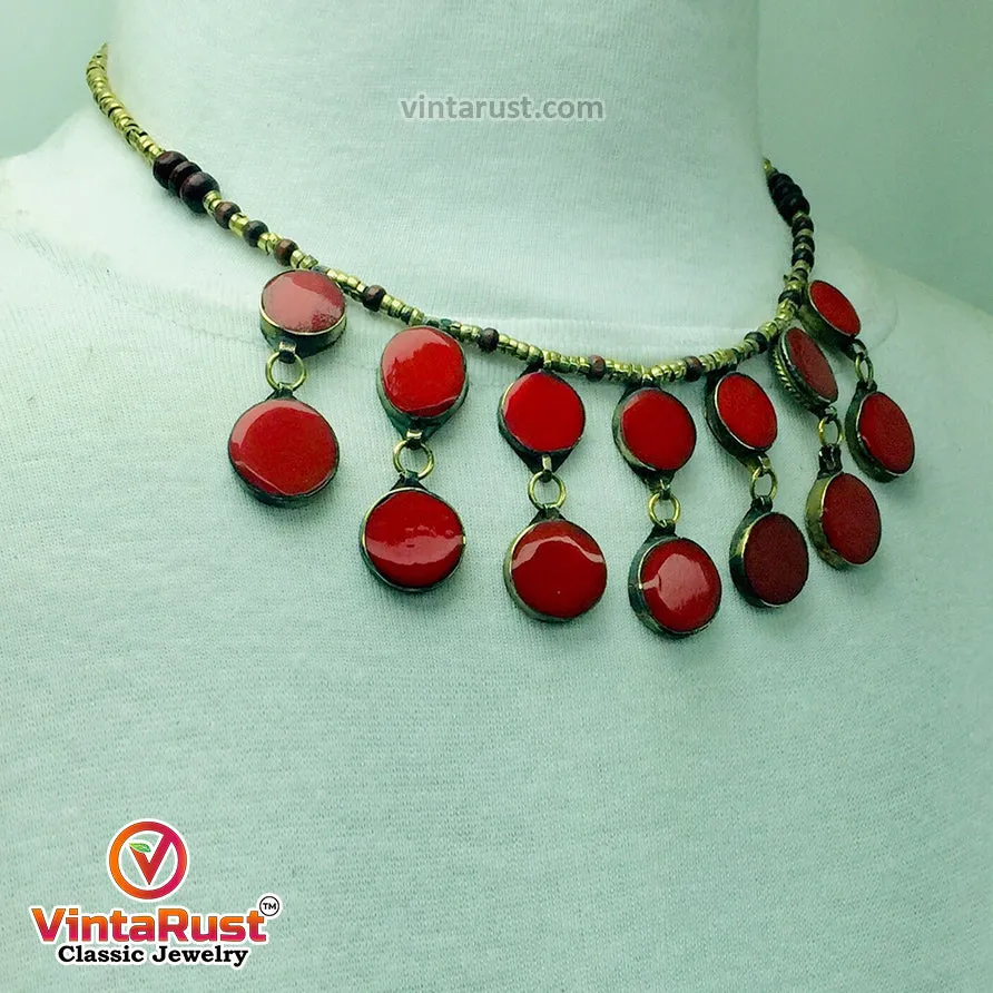 Coral Stone Beaded Choker with Ring and Earrings