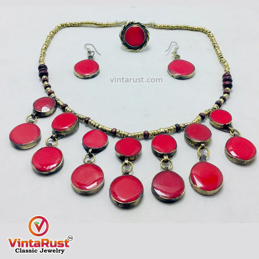Coral Stone Beaded Choker with Ring and Earrings