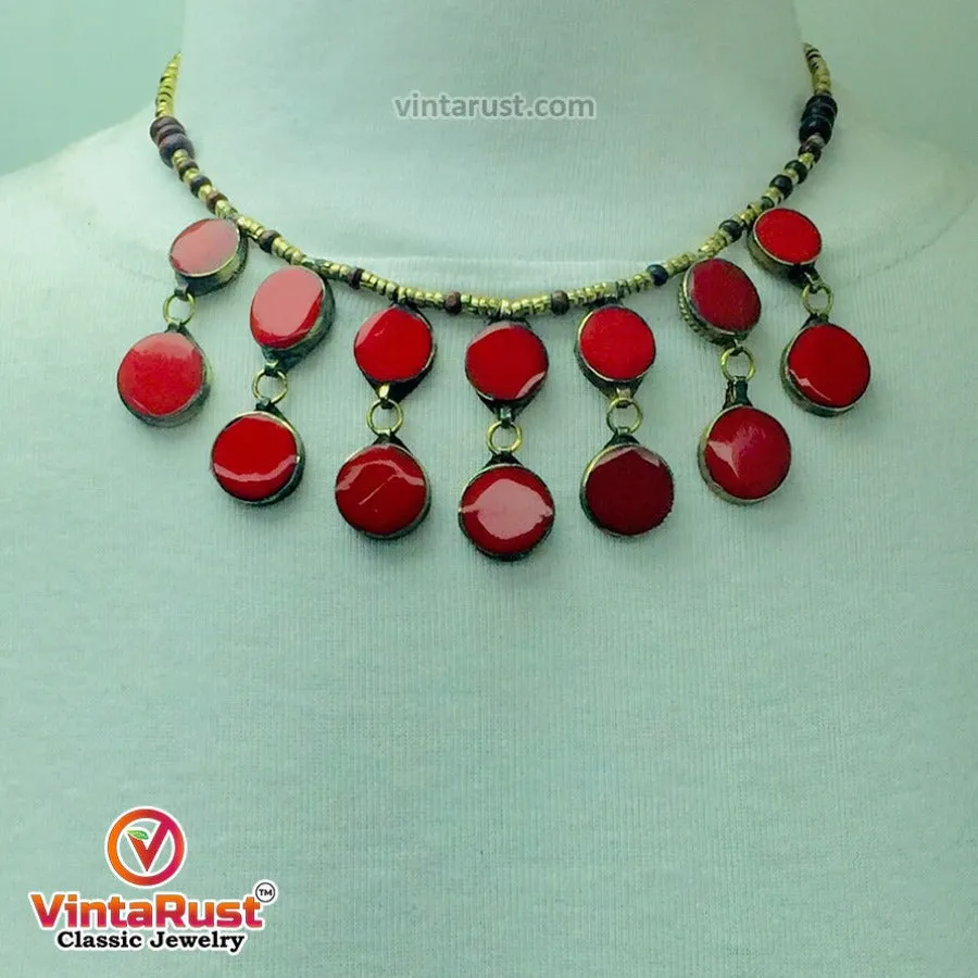 Coral Stone Beaded Choker with Ring and Earrings