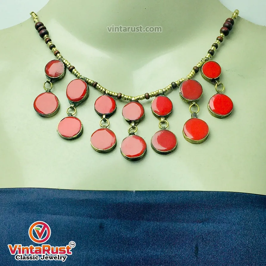 Coral Stone Beaded Choker with Ring and Earrings