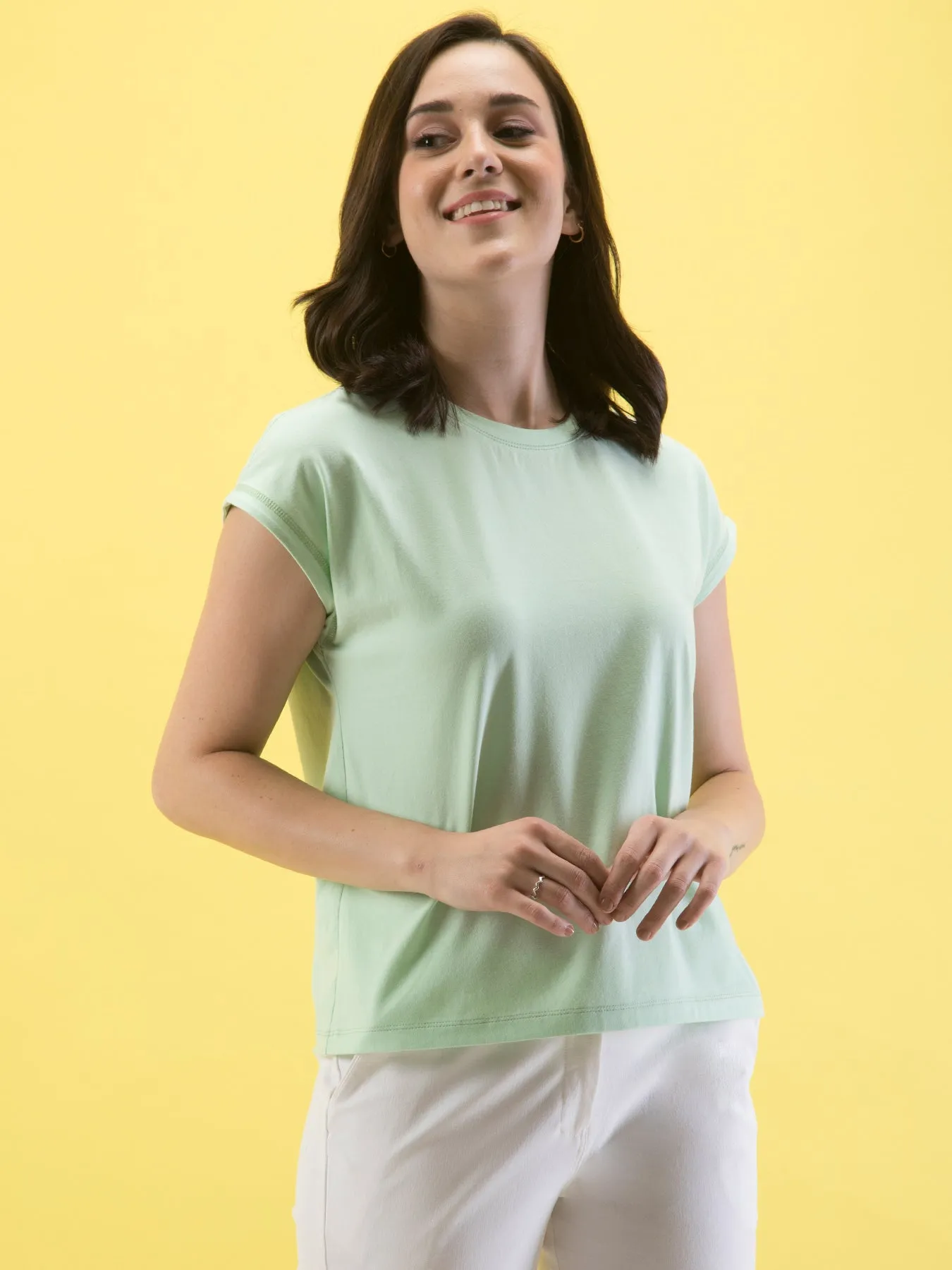 Cotton Round Neck Knitted T Shirt - Mint Green
