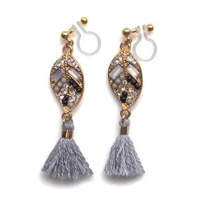 Dangle gold leaf rhinestone and gray tassel invisible clip on earrings