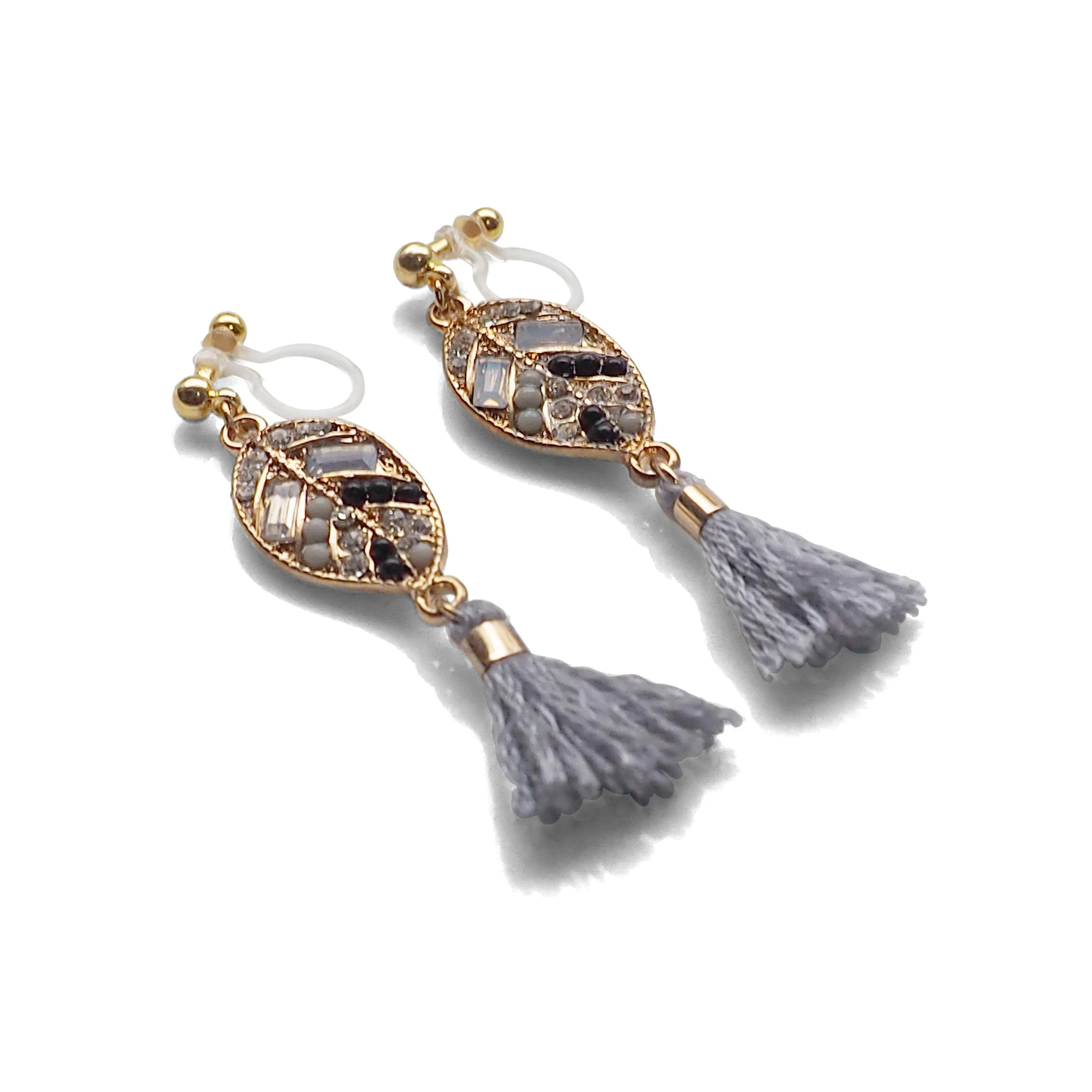 Dangle gold leaf rhinestone and gray tassel invisible clip on earrings