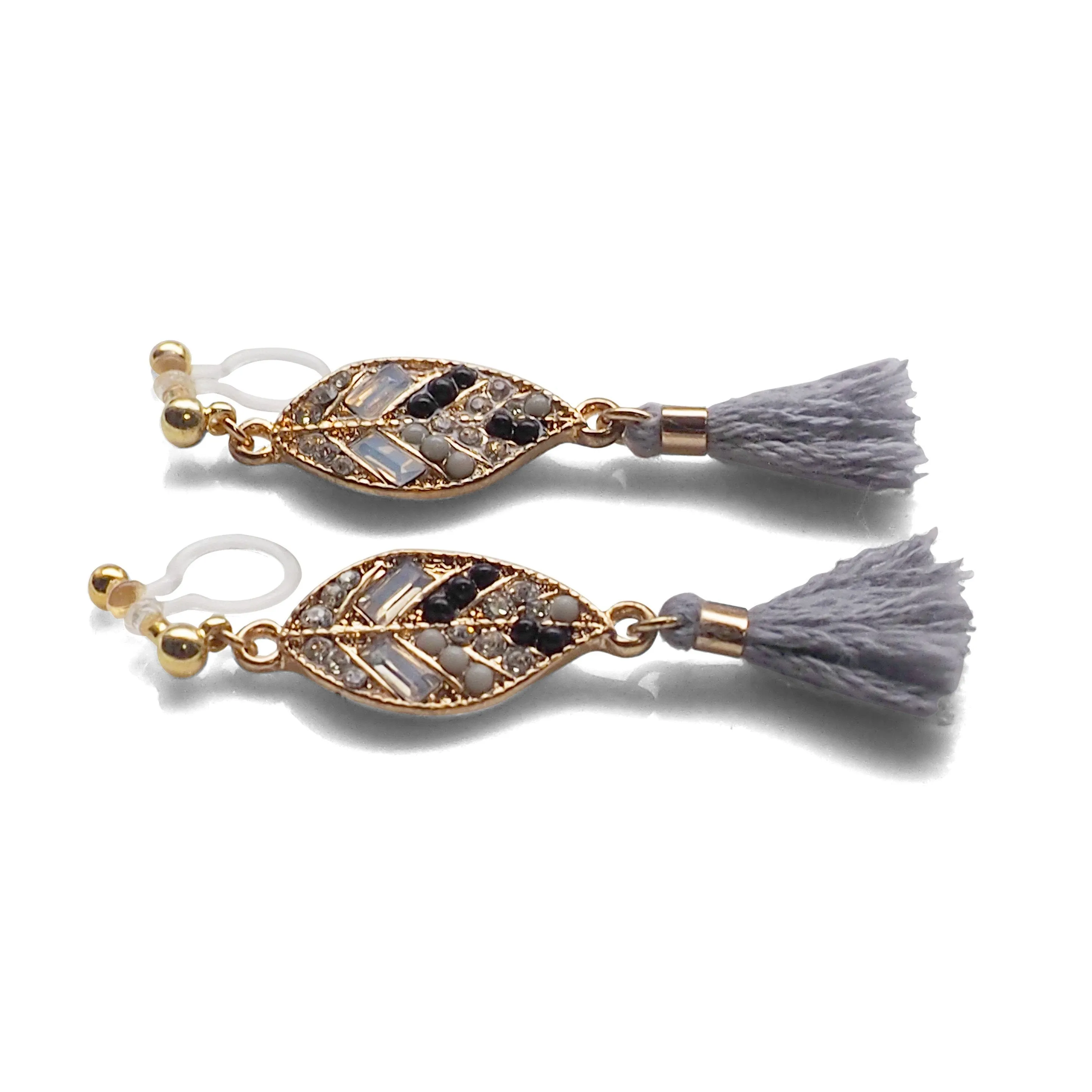 Dangle gold leaf rhinestone and gray tassel invisible clip on earrings