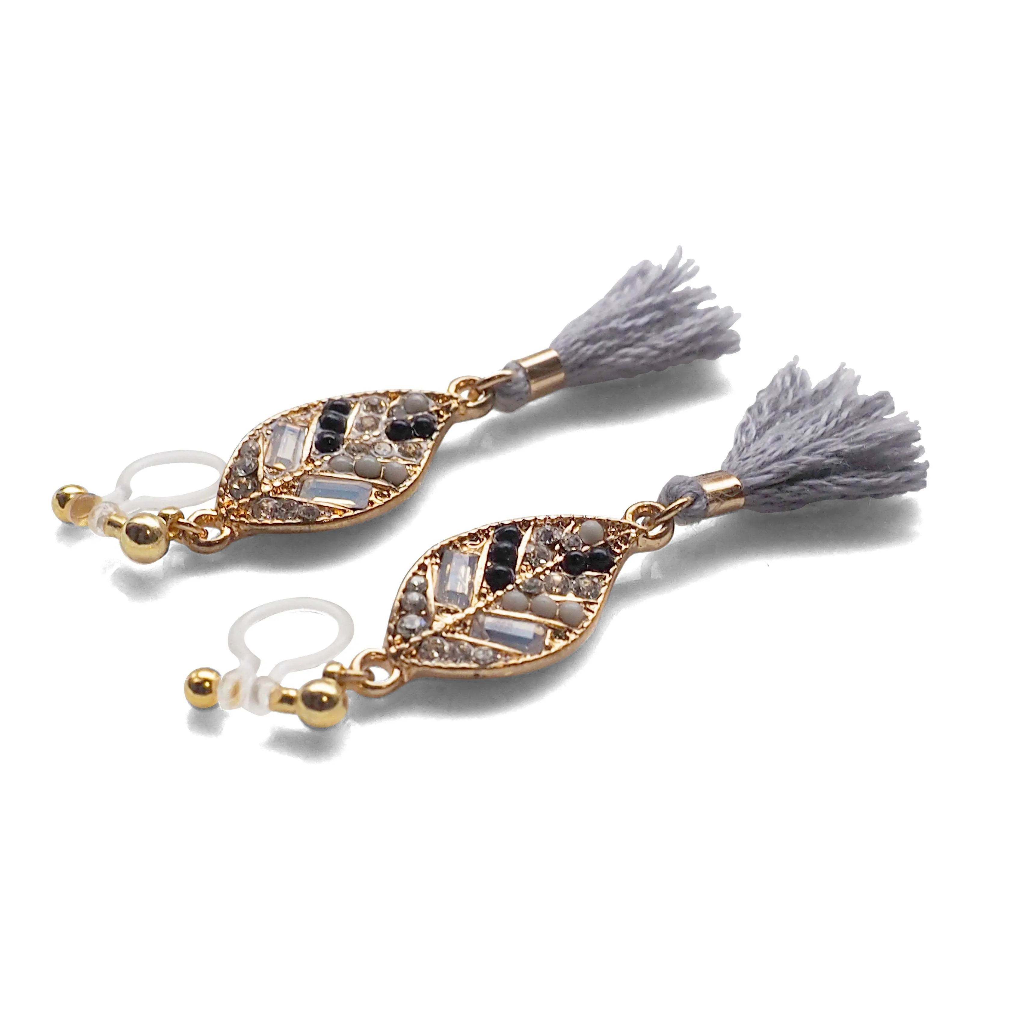 Dangle gold leaf rhinestone and gray tassel invisible clip on earrings