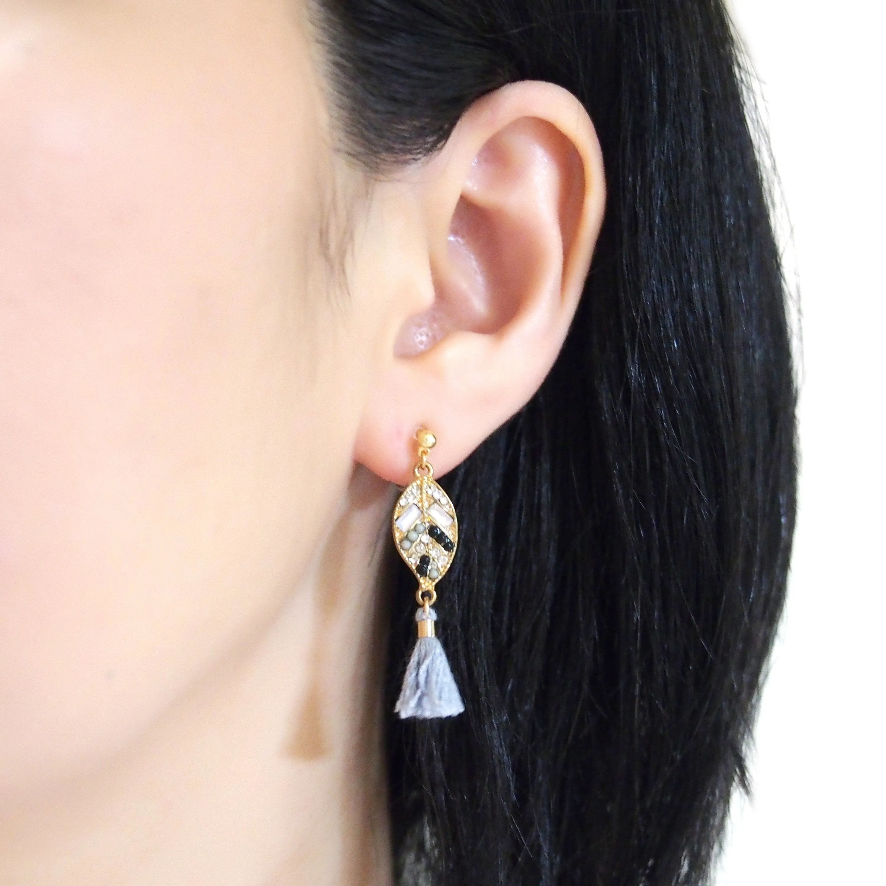 Dangle gold leaf rhinestone and gray tassel invisible clip on earrings
