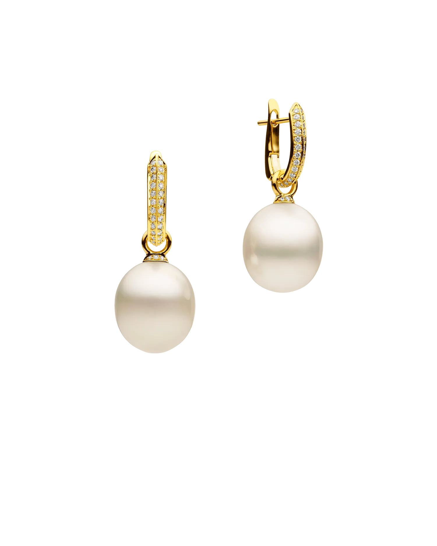 Diamond Keel Edge Pearls My Way Earrings | 13mm Oval Pearls, Diamonds, and Yellow Gold