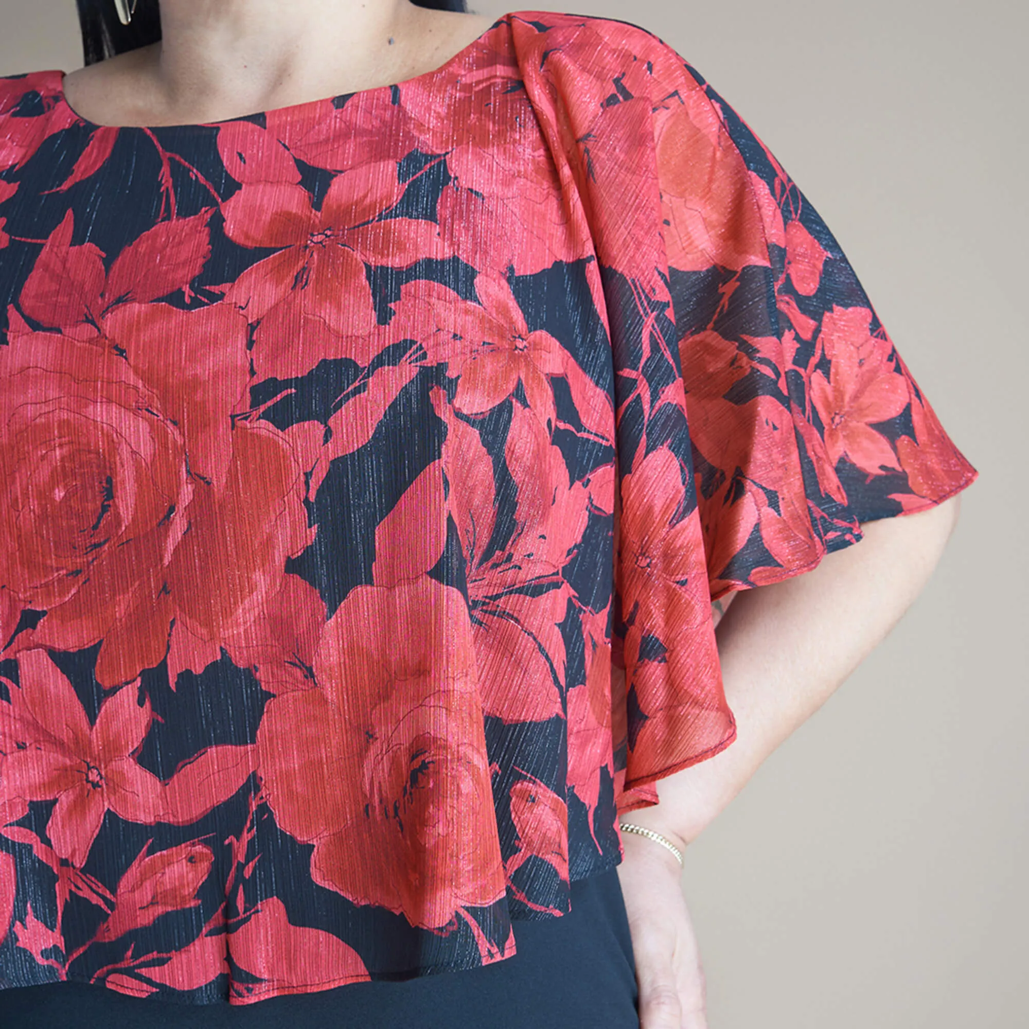 Elsa Red Floral Metallic Capelet Dress