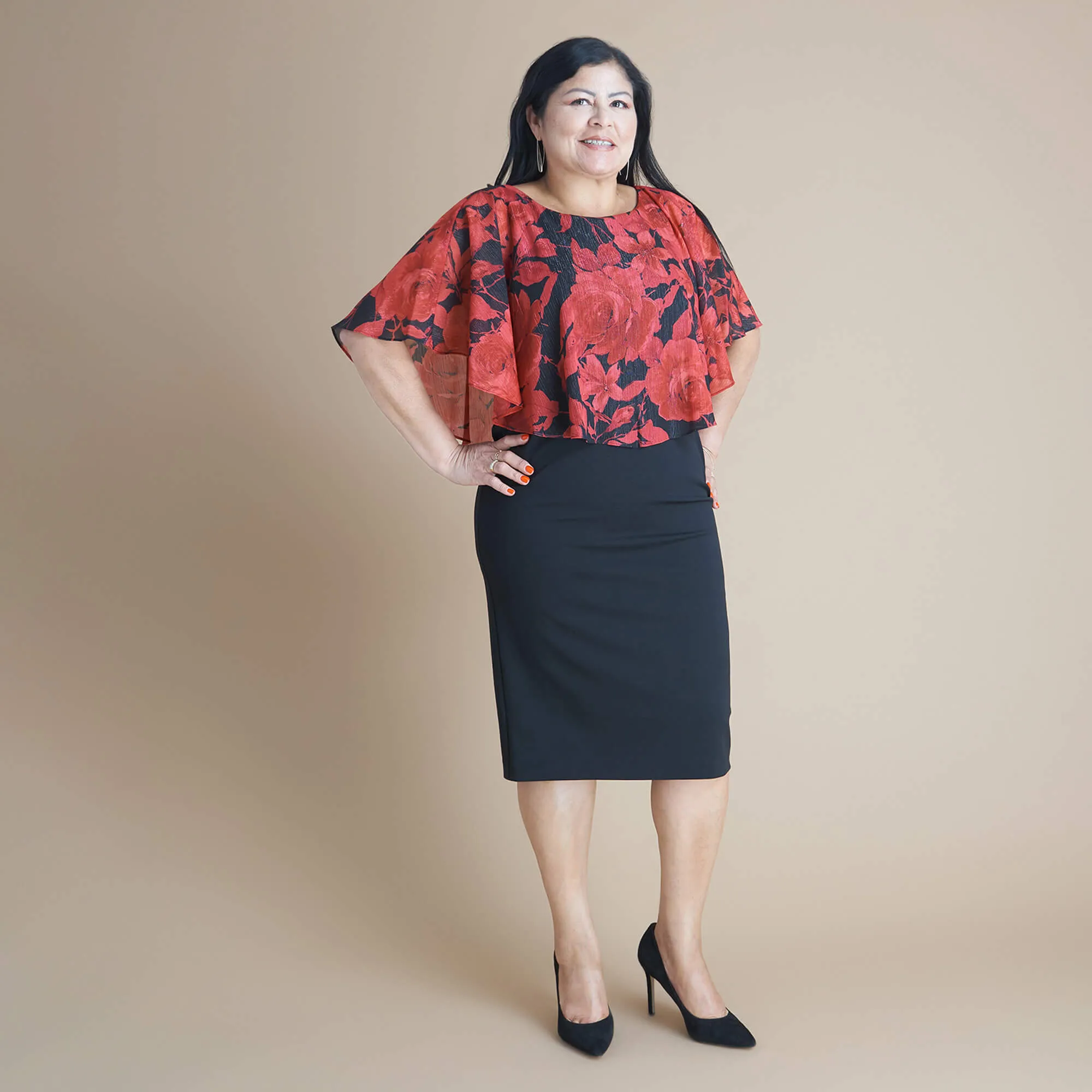Elsa Red Floral Metallic Capelet Dress