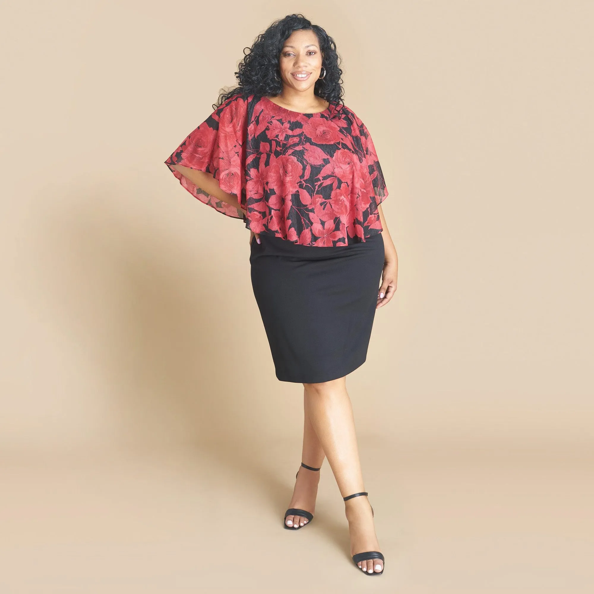 Elsa Red Floral Metallic Capelet Dress