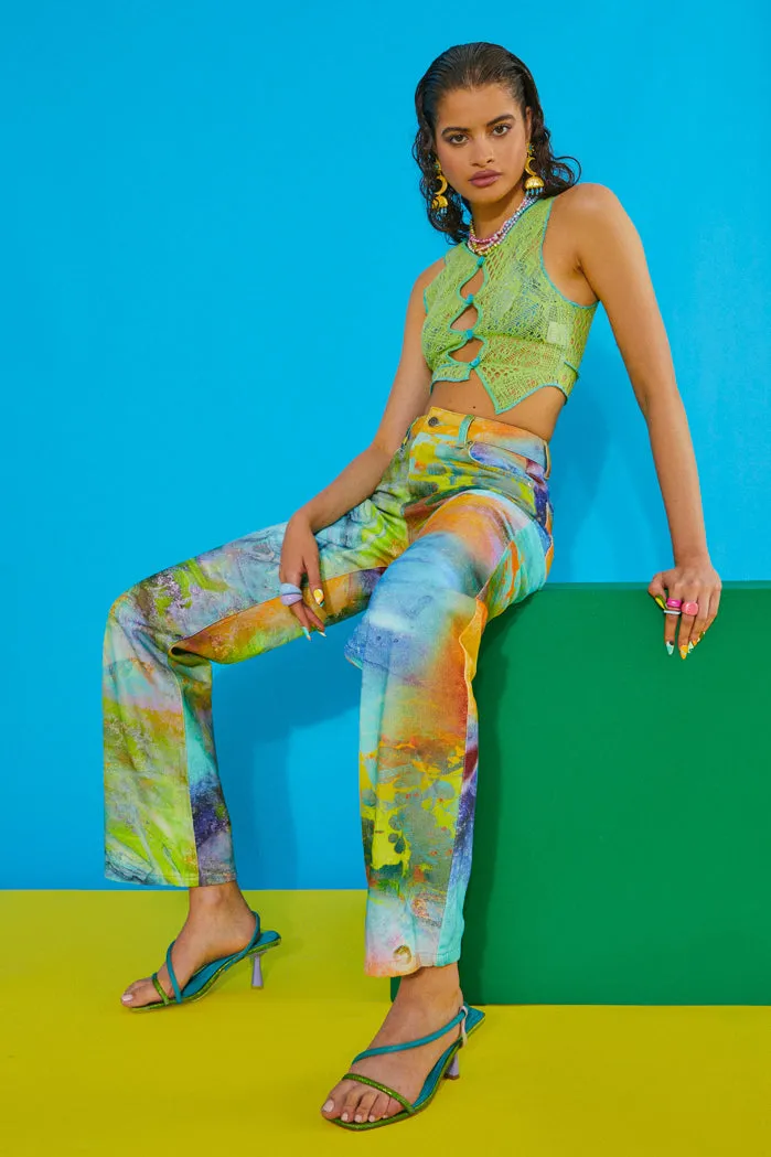 Engineered Green Knit Top with Button Up Detail