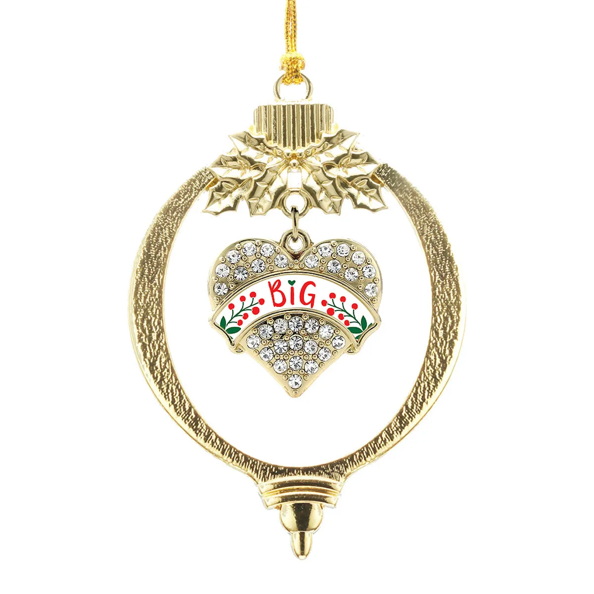 Gold Scarlet Red and Olive Green Big Pave Heart Charm Holiday Ornament