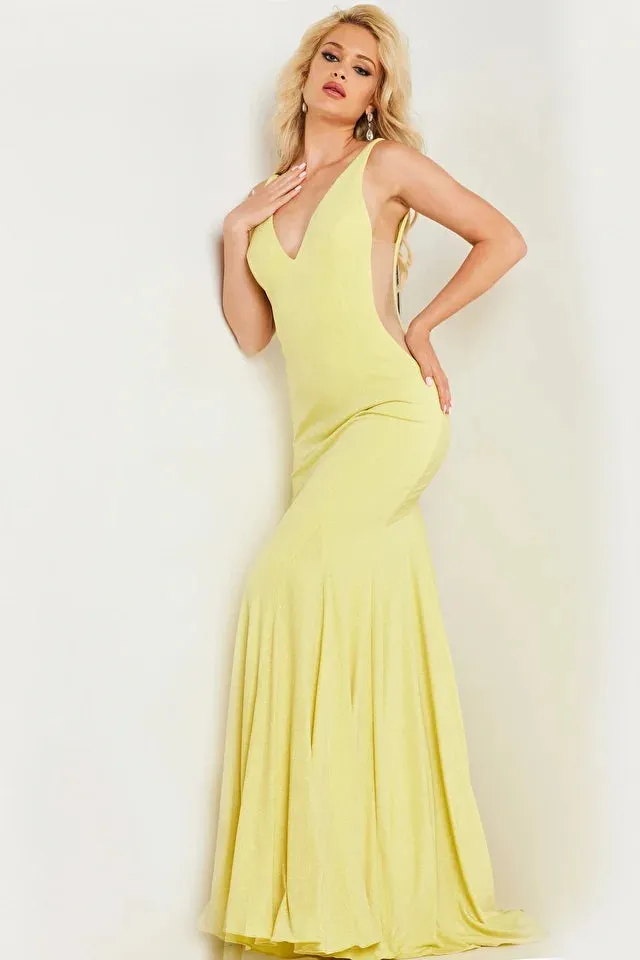 Jovani 23701 Long Prom Dress Mermaid Simple V Neck Sheer Sides Train Formal Pageant Gown