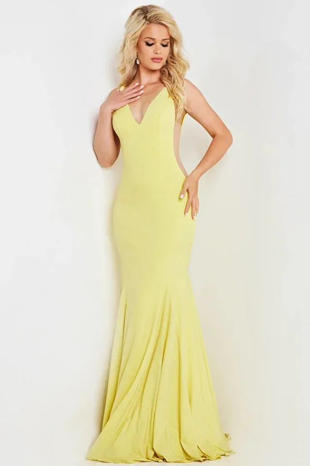 Jovani 23701 Long Prom Dress Mermaid Simple V Neck Sheer Sides Train Formal Pageant Gown