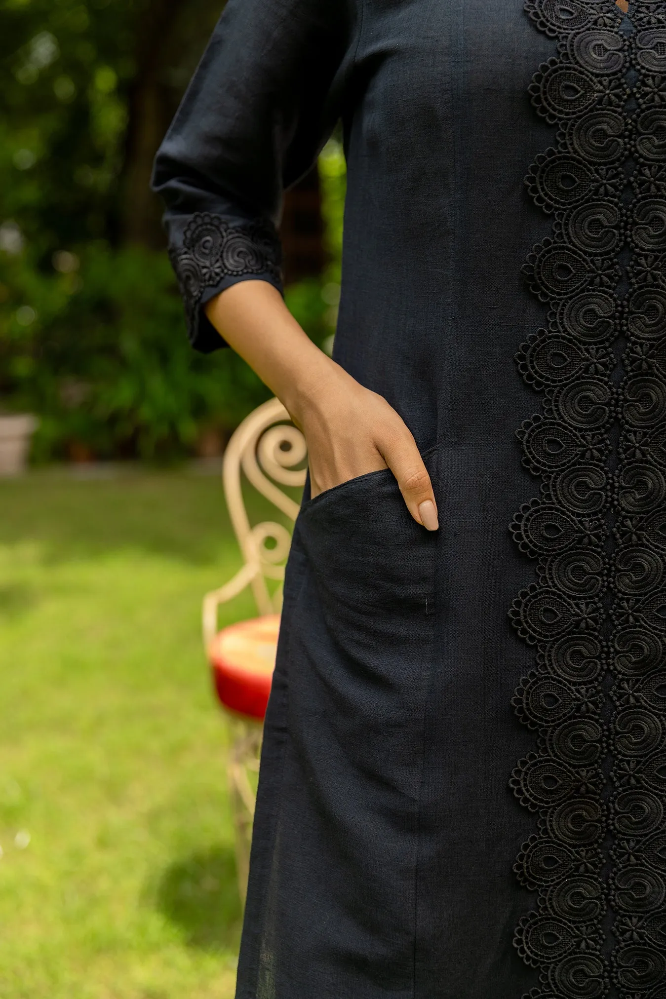 Long Black Linen Kurta with Lacework and Qureshia Buttons