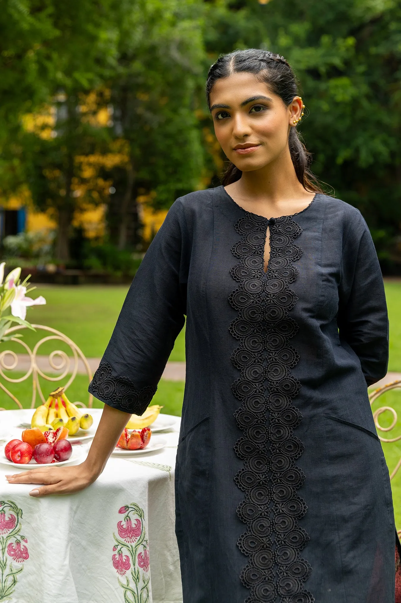 Long Black Linen Kurta with Lacework and Qureshia Buttons