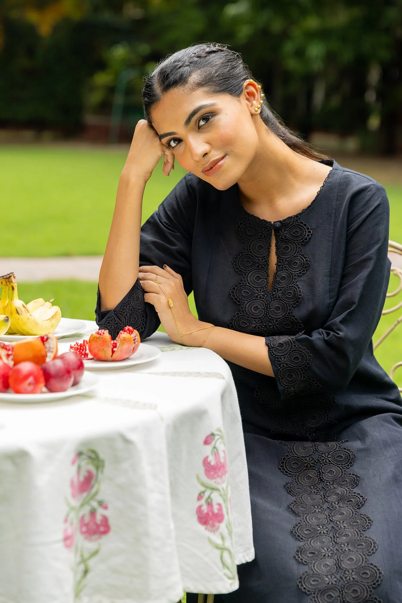 Long Black Linen Kurta with Lacework and Qureshia Buttons