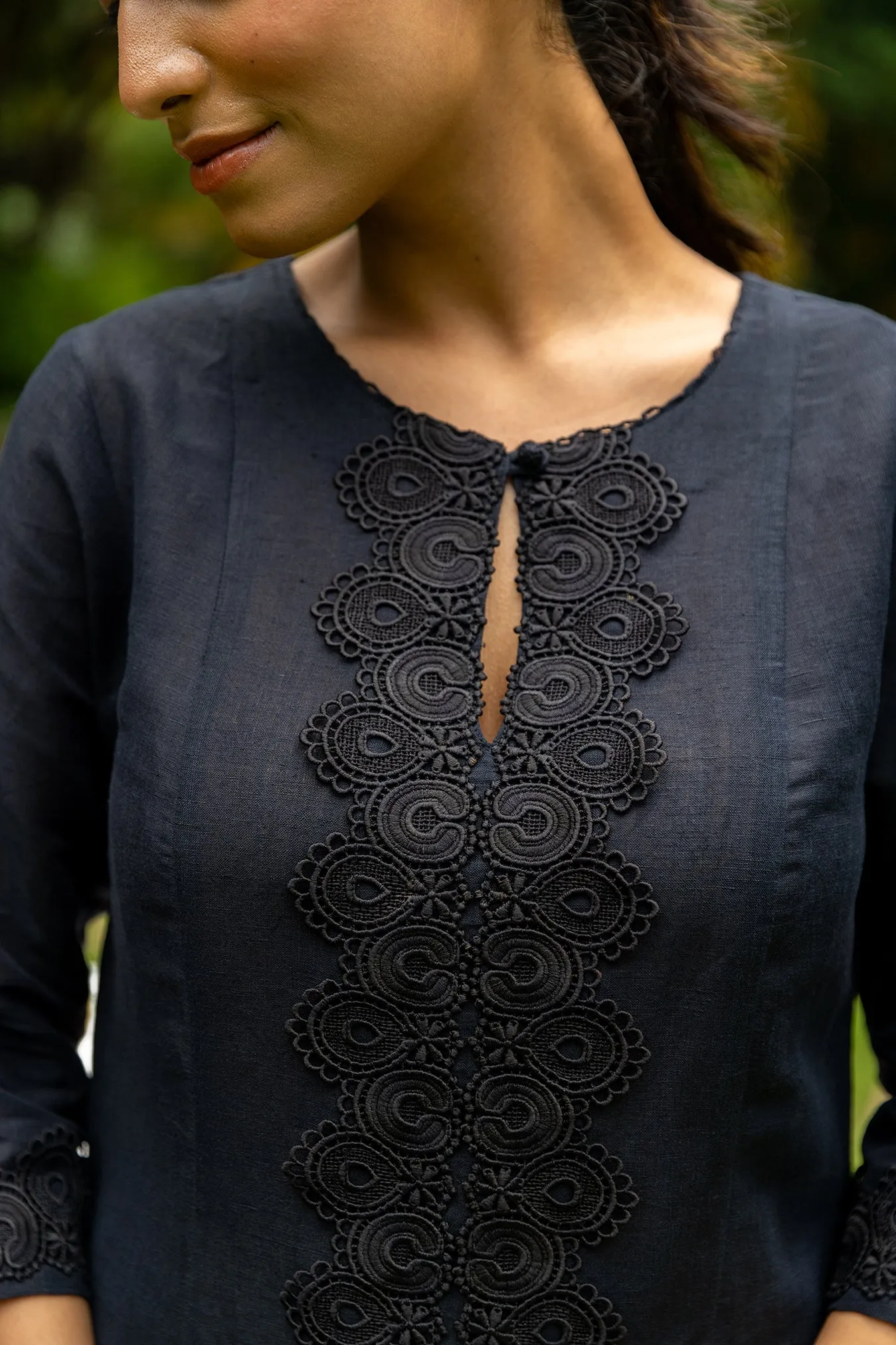 Long Black Linen Kurta with Lacework and Qureshia Buttons