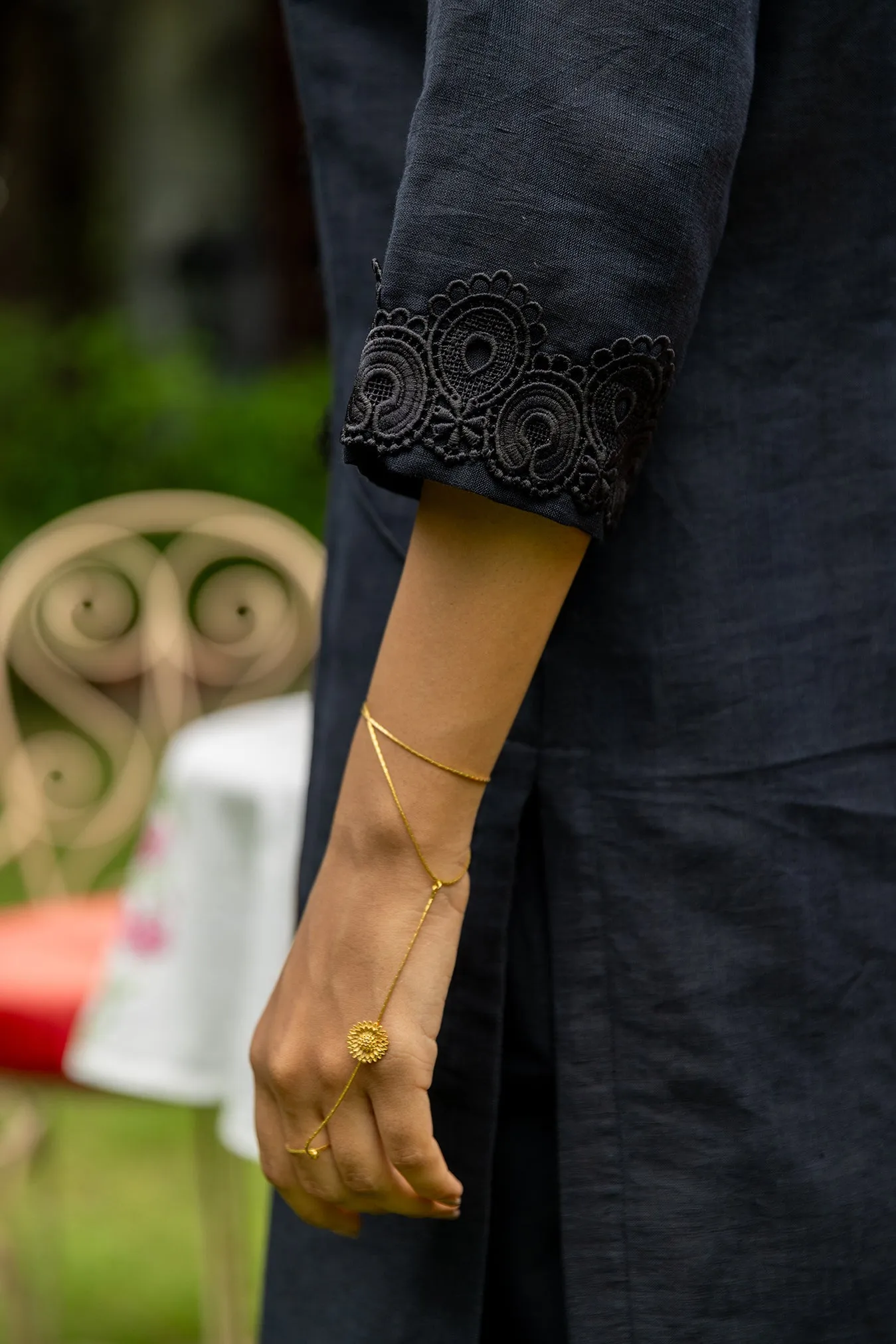 Long Black Linen Kurta with Lacework and Qureshia Buttons