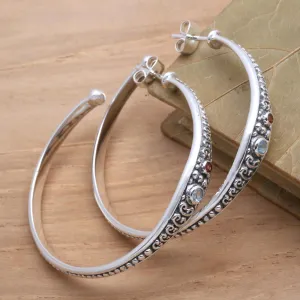 Majestic Air Blue Topaz and Garnet Sterling Silver Half Hoop Earrings