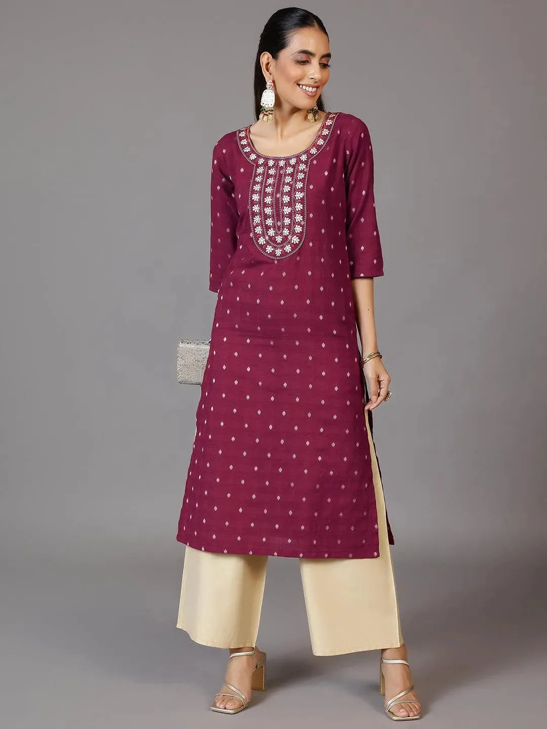 Maroon Embroidered Cotton Straight Kurta