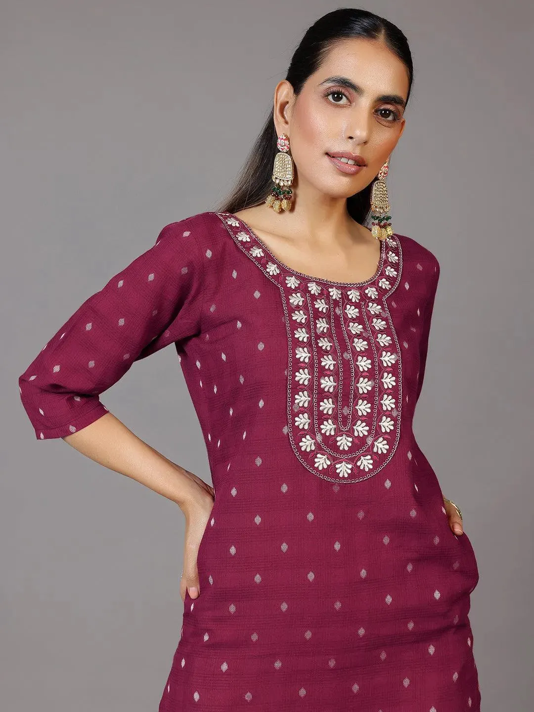 Maroon Embroidered Cotton Straight Kurta