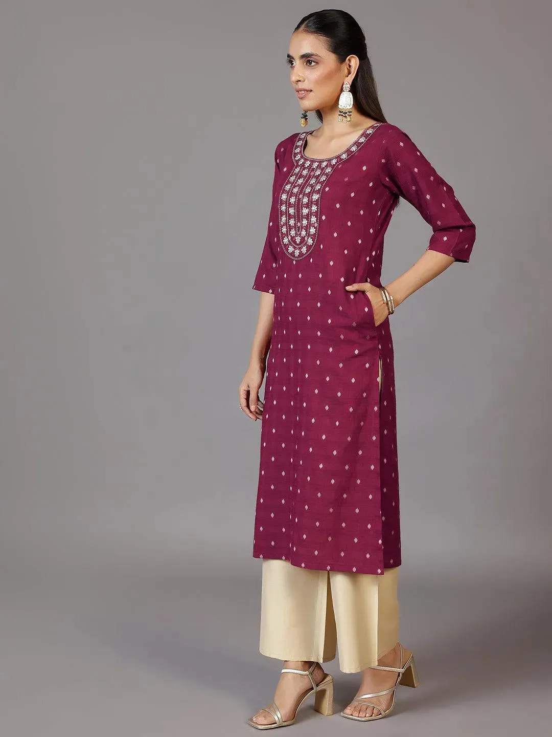 Maroon Embroidered Cotton Straight Kurta