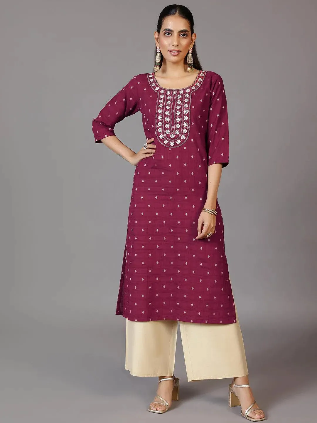 Maroon Embroidered Cotton Straight Kurta