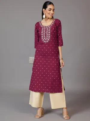 Maroon Embroidered Cotton Straight Kurta