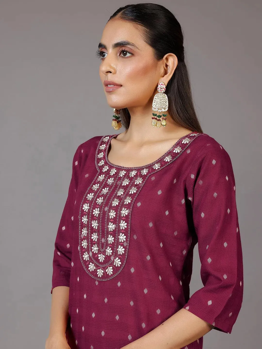 Maroon Embroidered Cotton Straight Kurta