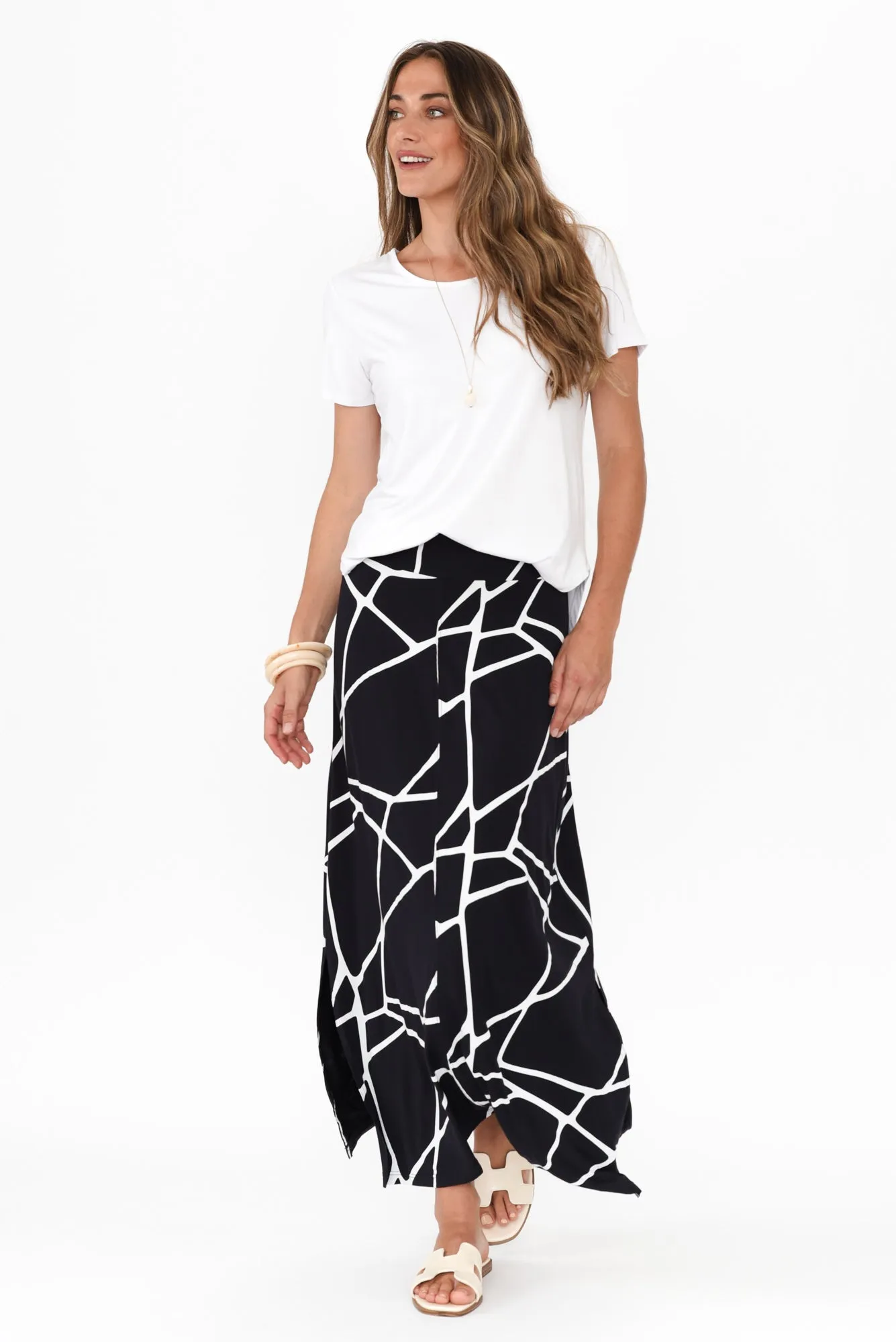 Navy Marble Micro Modal Long Panel Skirt