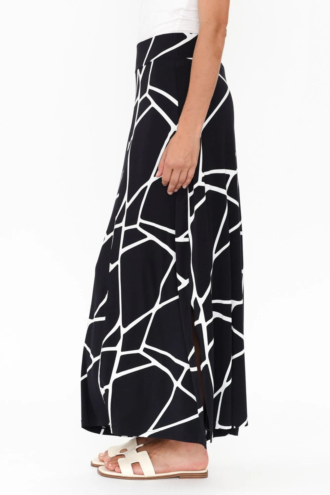 Navy Marble Micro Modal Long Panel Skirt