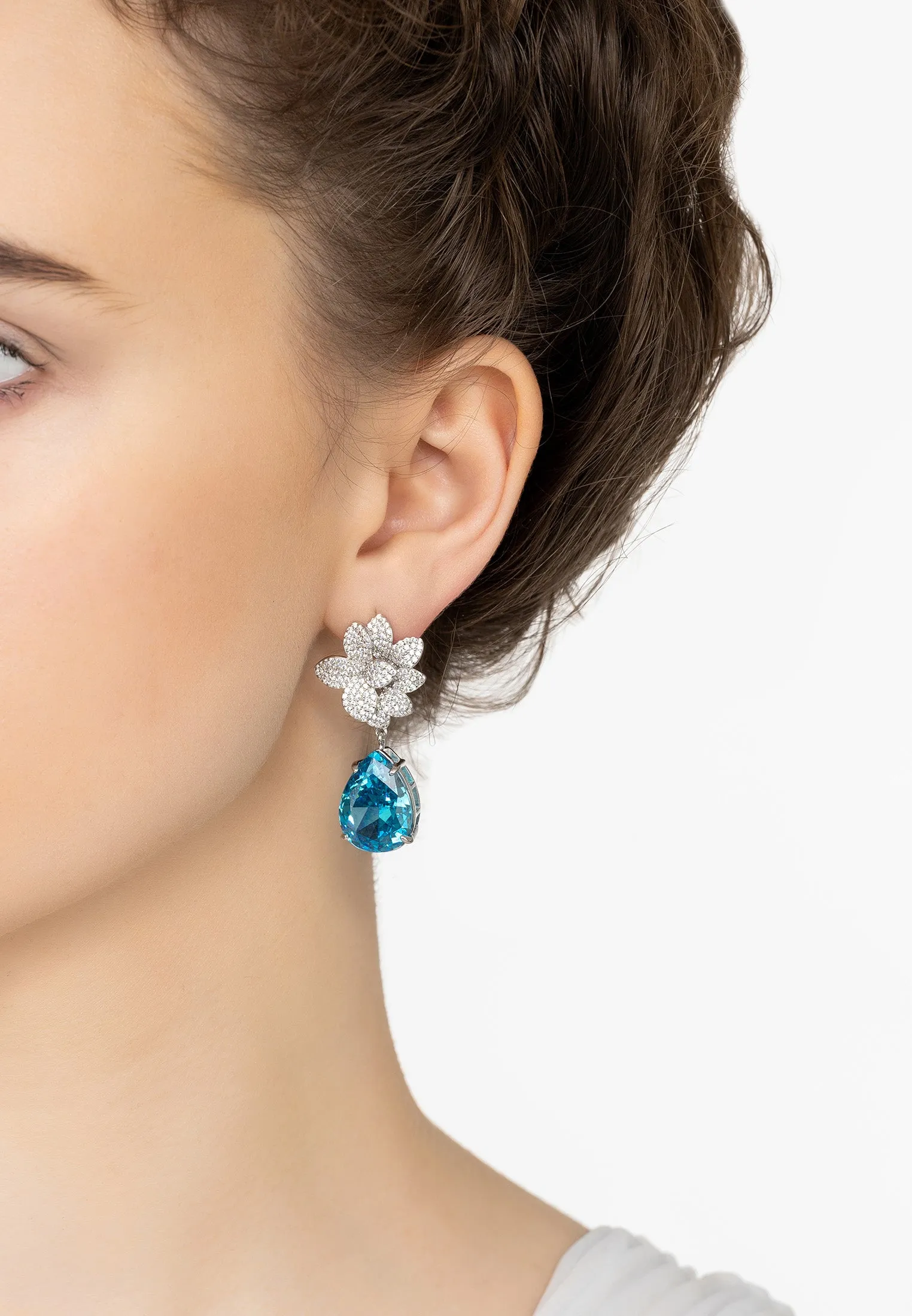 Orchid Flower Teardrop Blue Topaz Earrings Silver