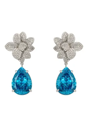 Orchid Flower Teardrop Blue Topaz Earrings Silver