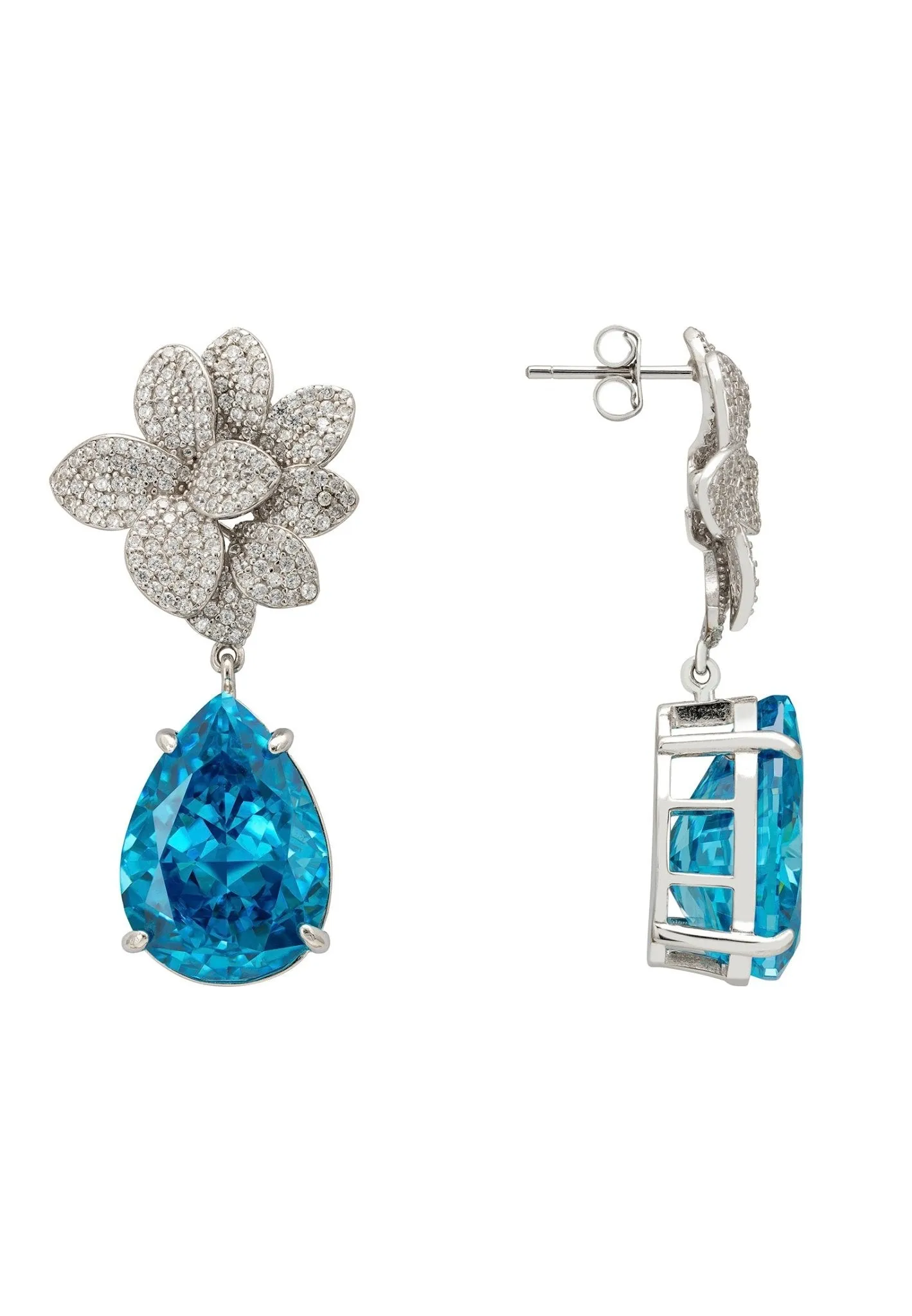 Orchid Flower Teardrop Blue Topaz Earrings Silver