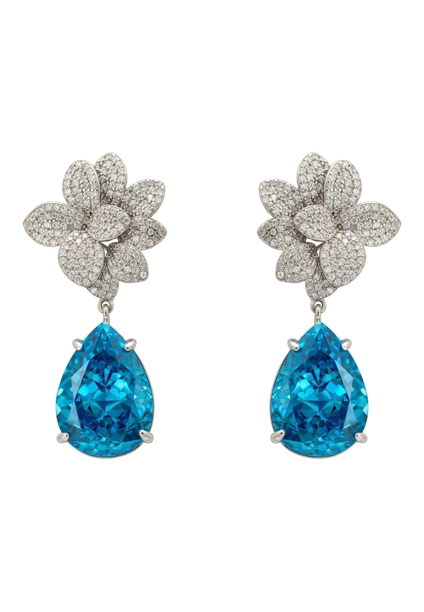 Orchid Flower Teardrop Blue Topaz Earrings Silver