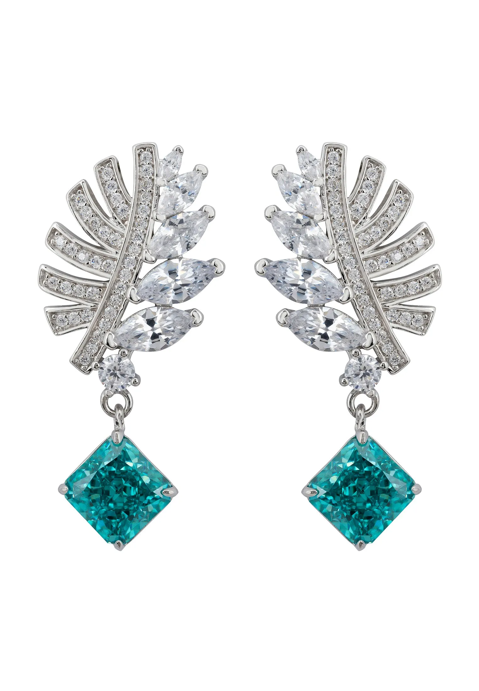 Palm Leaf Aquamarine Drop Earrings Silver