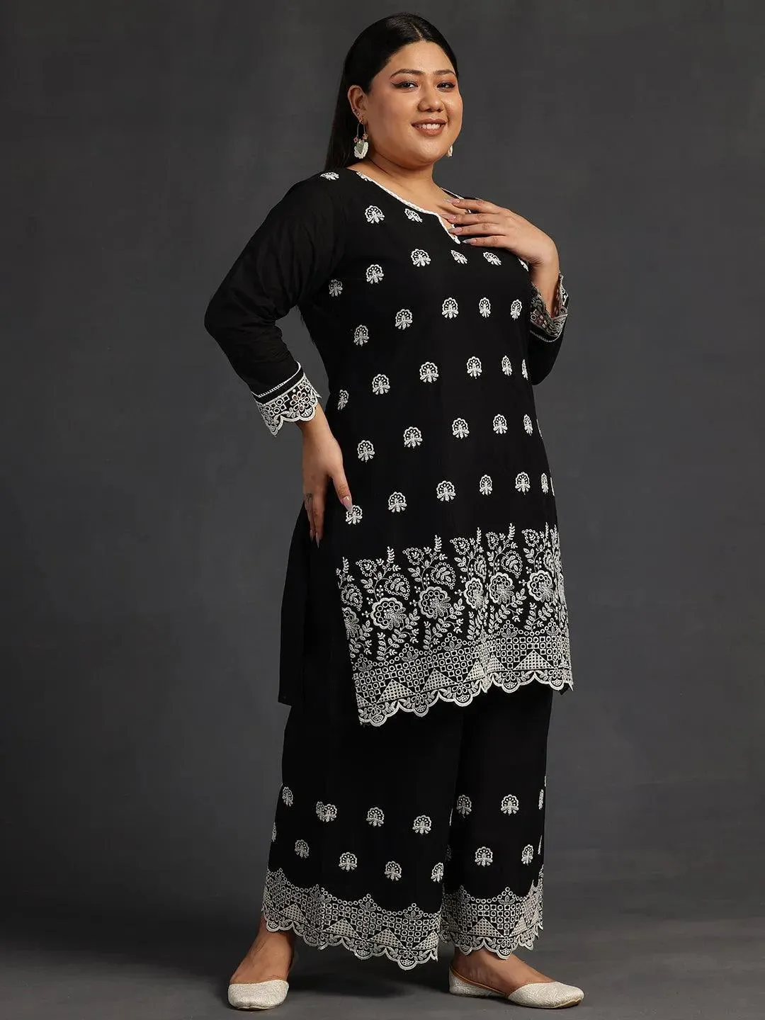 Plus Size Black Embroidered Cotton Co-Ords