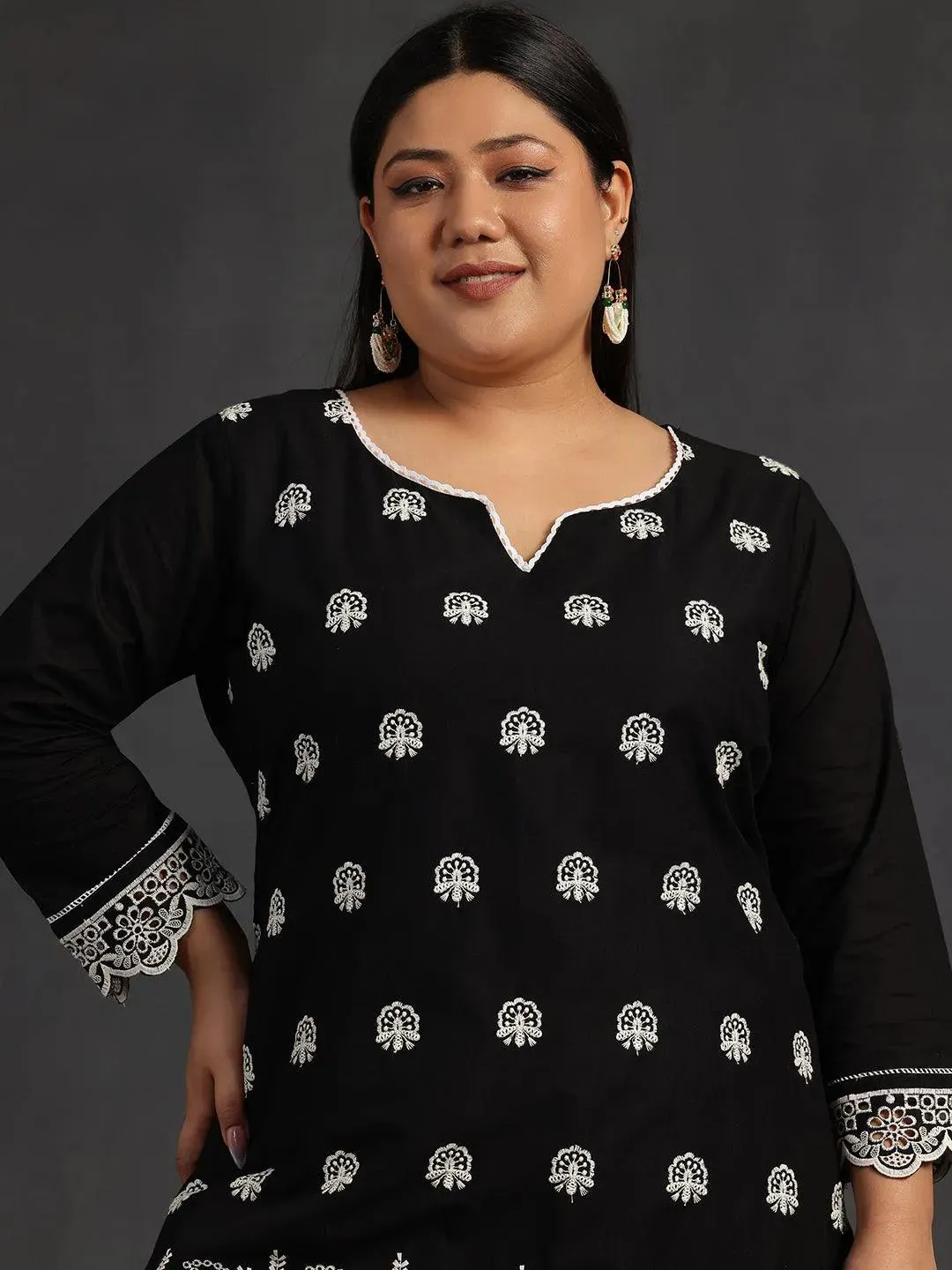 Plus Size Black Embroidered Cotton Co-Ords